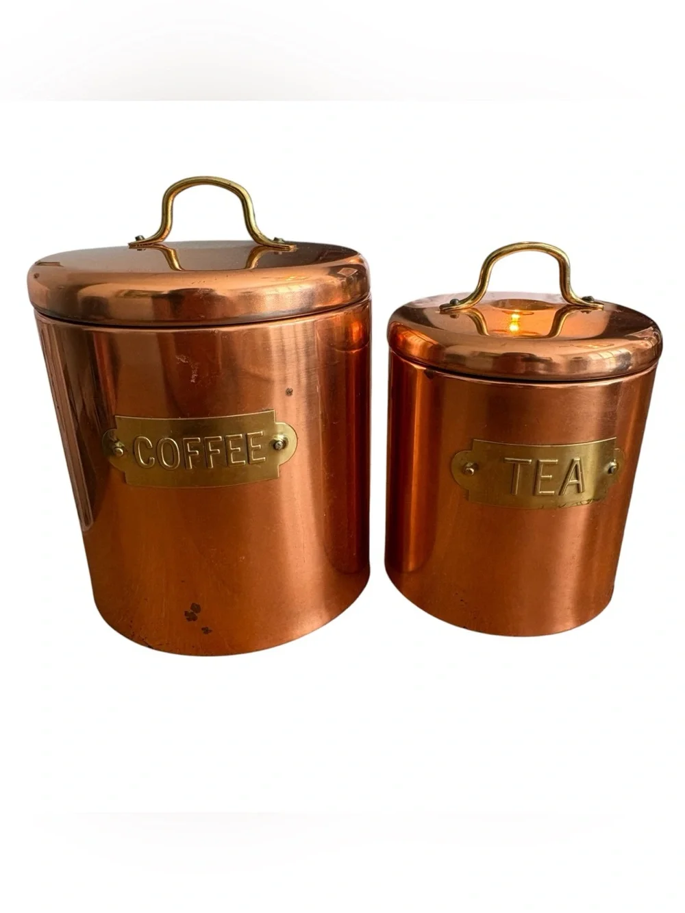 Vintage Copper Coffee & Tea Storage Canisters Brass Labels/Handles European